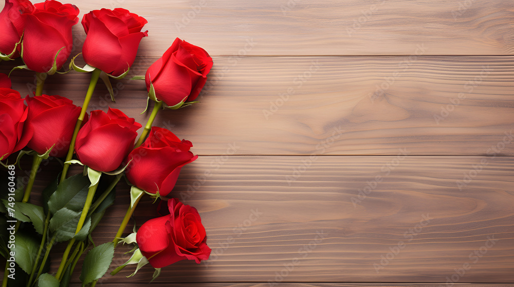 Captivating Red Rose Flowers Bouquet Unveiling Love on a Wooden Canvas for Valentine's Day Bliss, Enchanting Red Tulips Bloom on a Wooden Backdrop 