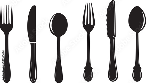 Set of Cutlery Icon Silhouette, Spoon Fork Knife black silhouettes on white background