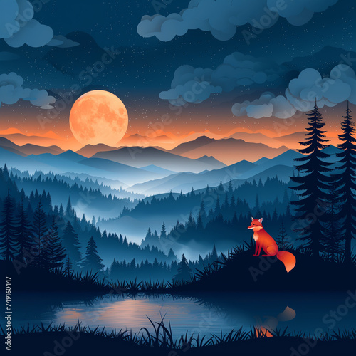paper cut and red fox looking into the moon in a wide forest with shadow and cloundy with star blink.