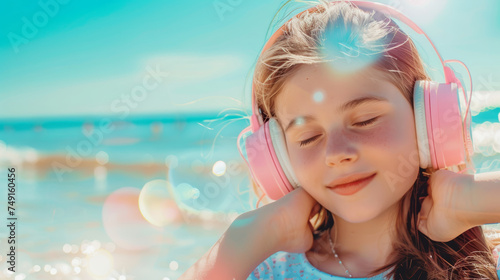 Women with pink hair wearing headphones on the beach. Party summer concept