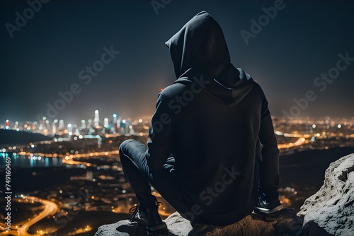 Man in black hooded hat sitting on a rock and looking at city , nightlight photo