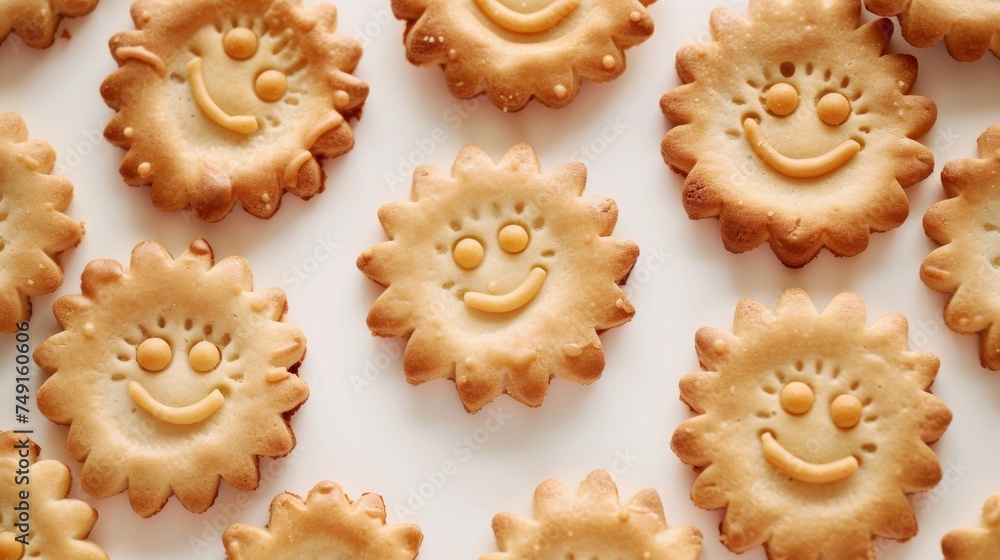 delightful array of sun-faced cookies, each radiating joy with their golden-brown hue and intricate design, set against a pristine white background