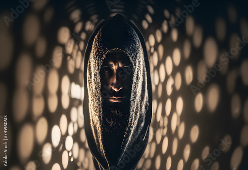 Mysterious person in hood with shadow pattern on face.