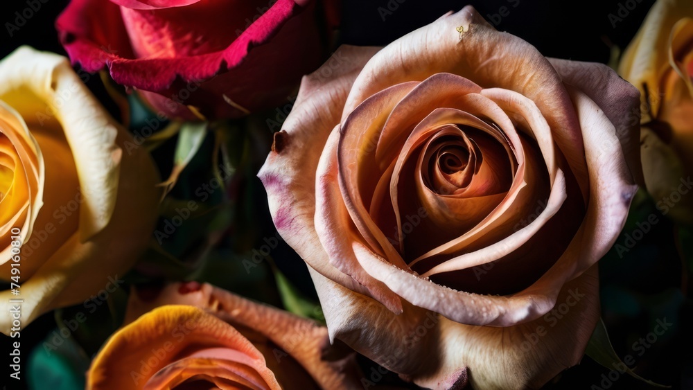 A captivating bouquet of roses, ranging various color in the play of light - obrazy, fototapety, plakaty 