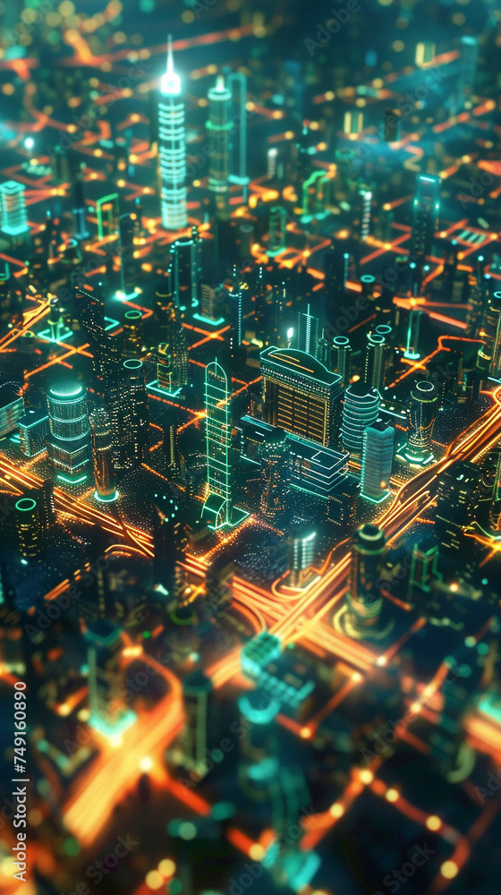 Smart city at night illuminated IoT sensors