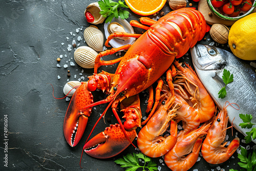 Whole lobster with seafood, crab, mussels, prawns, fish, salmon steak, mackerel and other shells