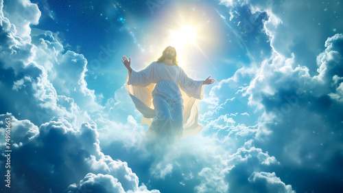 Jesus Christ in Heaven Blessing & Welcoming All. Neural network generated image. Not based on any actual person or scene.
