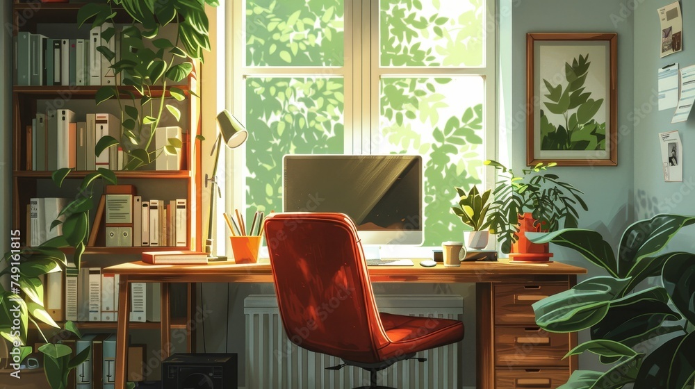Illustrate a serene home office, blending productivity with the comfort of personal touches Illustrate a serene home office, blending productivity with the comfort of personal touches