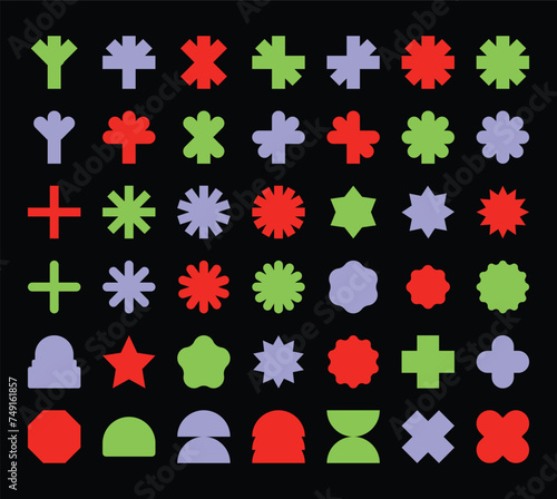 brutalist bauhaus contemporary star oval flower line and form abstract geometric shapes and grids waves, loop, star, bubble, funky flower, Groovy. with wavy and spiral elements Vector illustration. 