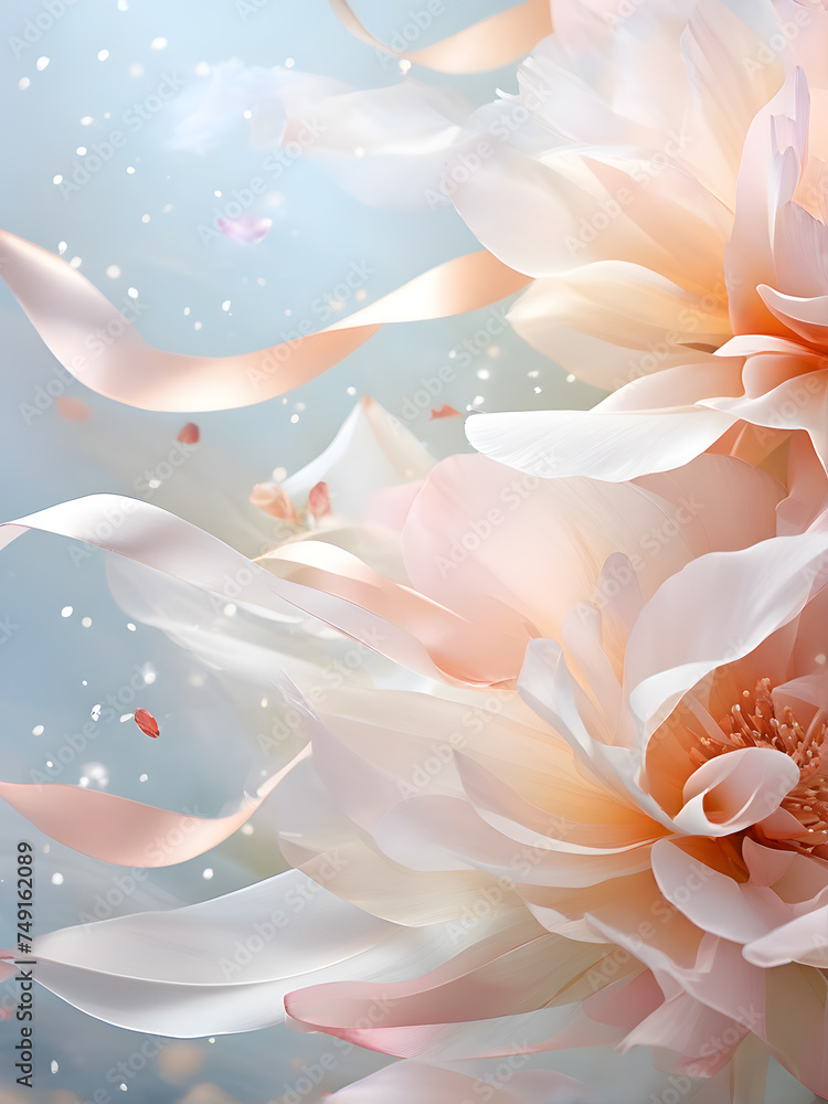 pastel-hued-backdrop-highlights-petals-and-ribbon-caught-mid-flight-embodying-minimalism-simplicit