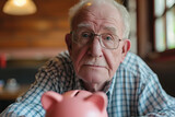 an elderly man who saves for retirement and puts his money in a piggy bank saver
