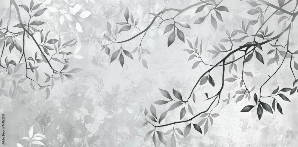 Fototapeta premium A tree branch covered in green leaves stands out against a plain gray background, showcasing the contrast between the natural element and the neutral color.