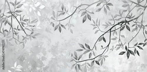 A tree branch covered in green leaves stands out against a plain gray background, showcasing the contrast between the natural element and the neutral color.