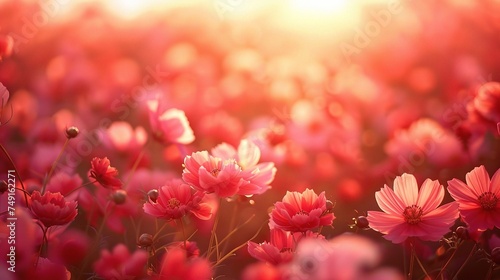 Landscape nature background of beautiful pink and red cosmos flower field on sunset