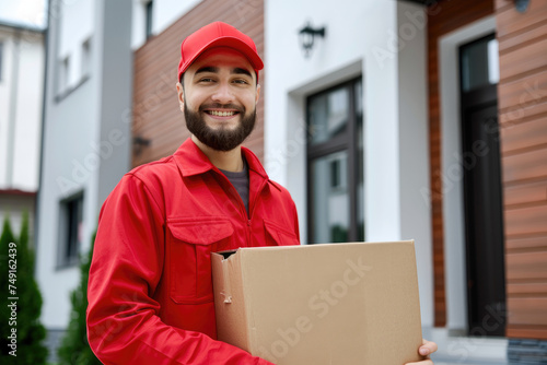 male delivery in red uniform with parcel cardboard in front of customer house © Kien