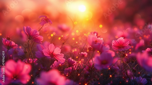 Landscape nature background of beautiful pink and red cosmos flower field on sunset © INK ART BACKGROUND