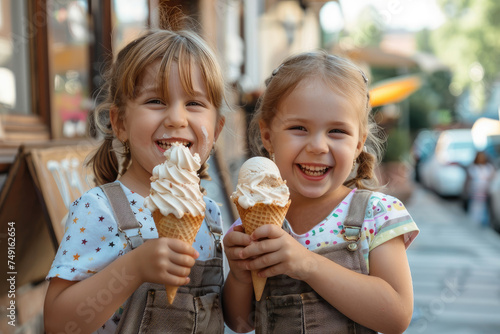Happy two little kids eating ice cream cones outside on the city street  concept of friendship and family relationship