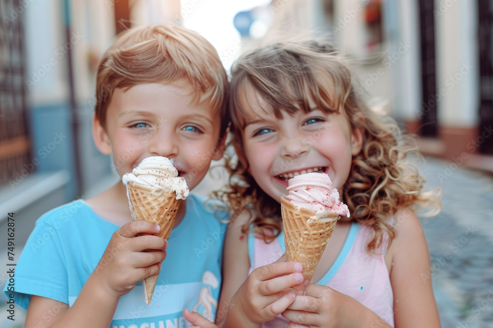 Happy two little kids eating ice cream cones outside on the city street, concept of friendship and family relationship