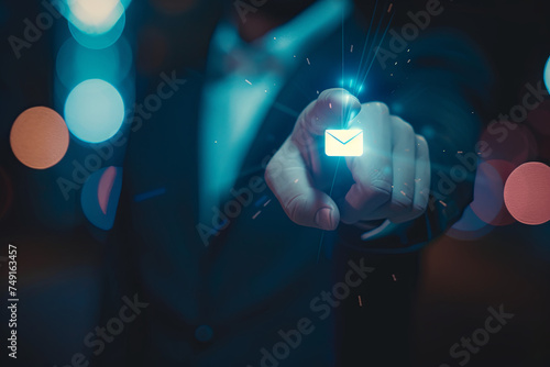 Businessman clicking on email icon, contact by email concept photo