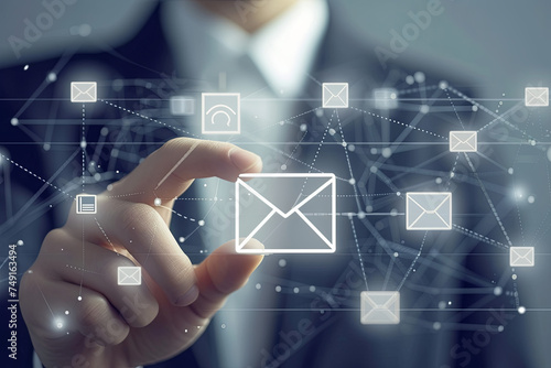 Businessman clicking on email icon, contact by email concept photo