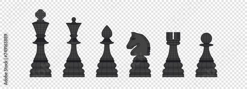 Vector set of contour black chess pieces. Collection of wireframe polygonal shapes. King, queen, bishop, knight, rook and pawn. Isolated background.