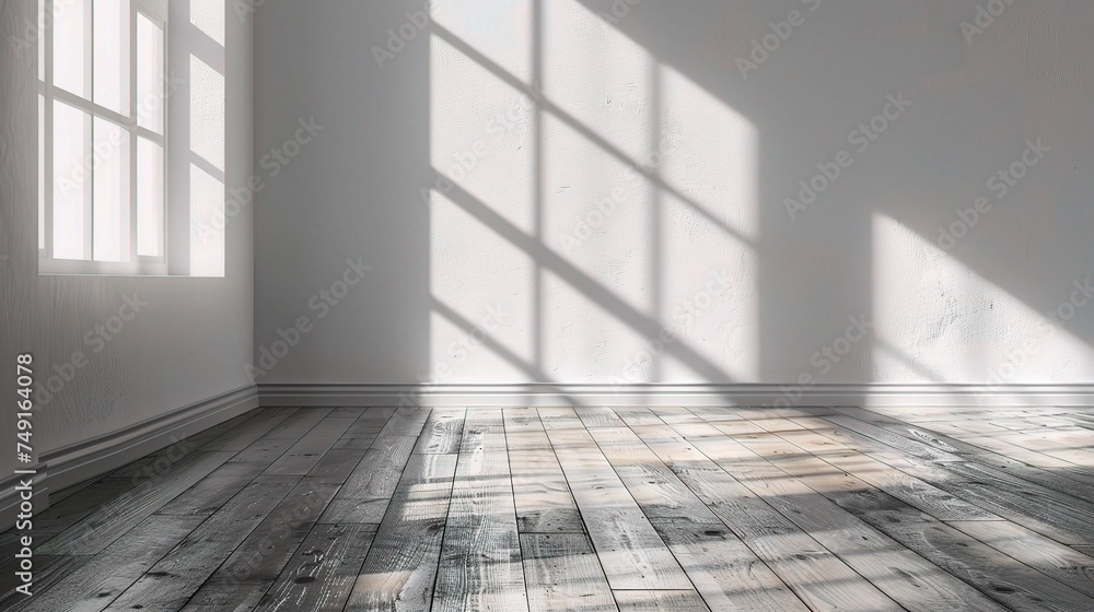 Mock-up of white empty room and wood laminate floor with sun light cast the shadow on the wall Mock-up of white empty room and wood laminate floor with sun light cast the shadow on the wall