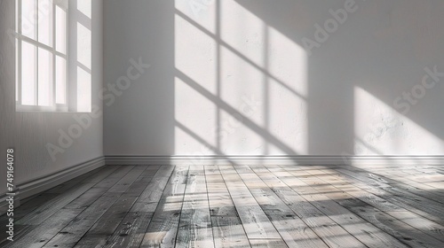 Mock-up of white empty room and wood laminate floor with sun light cast the shadow on the wall