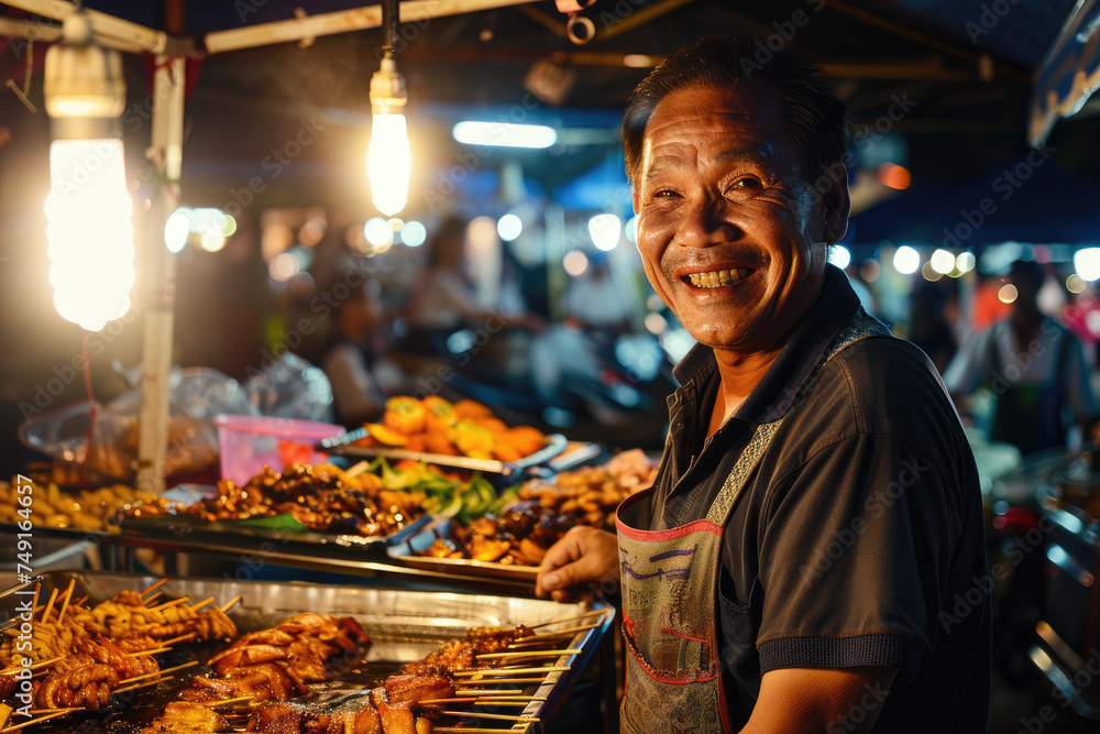 man smiling selling food at night market