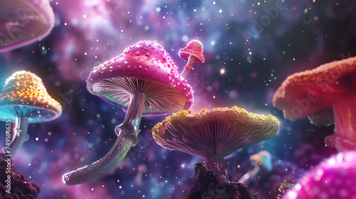Colorful Mushrooms Flying in The Space Mushrooms in the Galaxy Artistic Style Painting