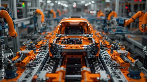 Production Line on Advanced Automated Smart Factory. High Performance Electric Car Manufacturing. Car Batteries Installation on Electric Vehicles on Assembly line. Automotive Plant. 