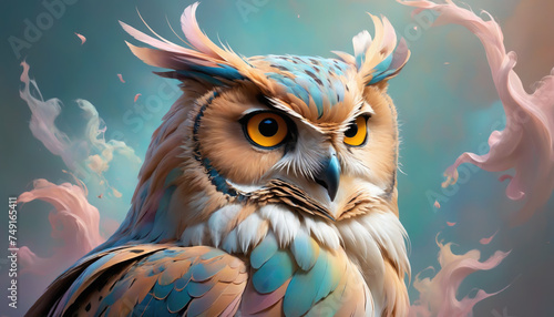 Fantasy Illustration of a wild Owl bird. Digital art style wallpaper background. © Roman