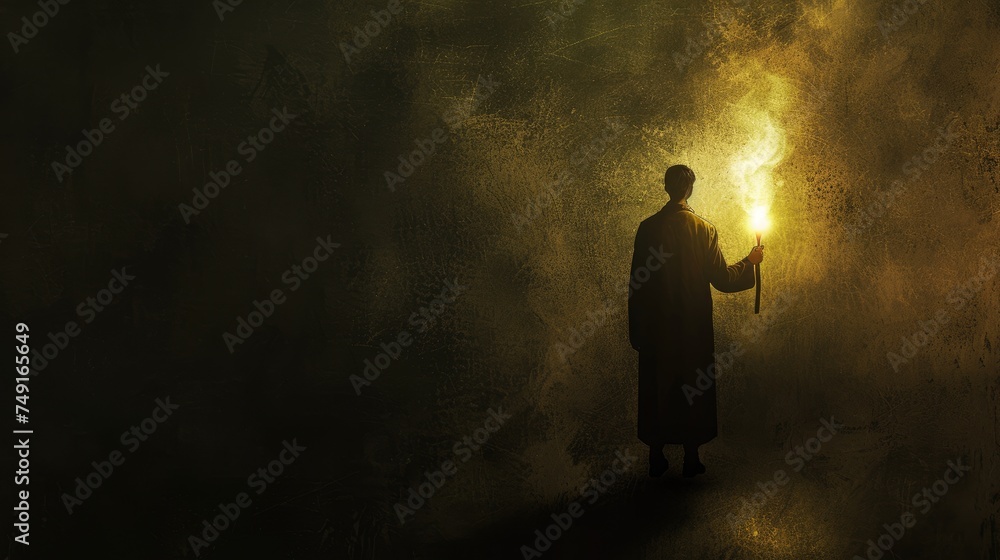 Seeking truth: persona with torch embarks on quest in dark space, symbolizing exploration, discovery, and enlightenment in the pursuit of knowledge and understanding Seeking truth: persona with torch embarks on quest in dark space, symbolizing exploration, discovery, and enlightenment in the pursuit of knowledge and understanding