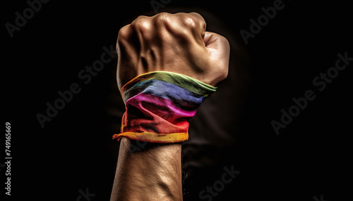 Strong fist with rainbow flag on black background photo