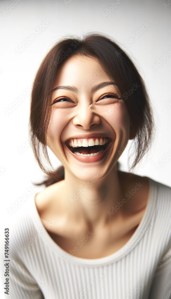 笑顔(爆笑)のアジア人(日本人)女性 Portrait of a Beautiful Asian Woman with her Smooth skin looks at the camera on a White background in Studio light. 笑顔(爆笑)のアジア人(日本人)女性 Portrait of a Beautiful Asian Woman with her Smooth skin looks at the camera on a White background in Studio light.