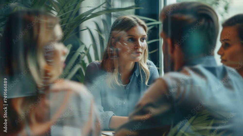 A professional woman engages in a focused business discussion with her colleagues in a modern office environment.