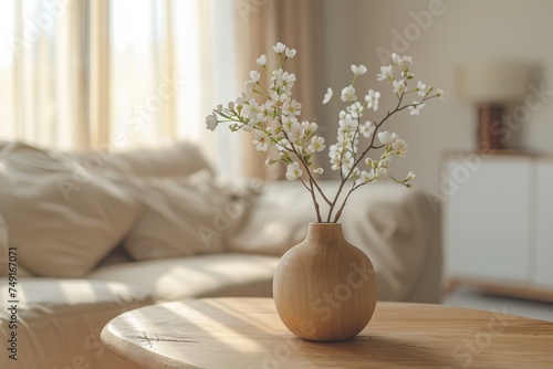 A cozy style wooden flower pot with dry plant is placed on marble table with background of luxury sofa seating at luxury lounge. Interior decoration object photo