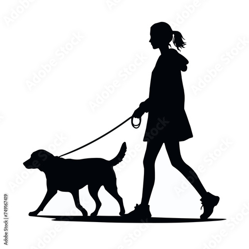Silhouette of a Woman Walking Her Dog, Female Silhouette with Pet on a Leash, Outdoor Exercise and Pet Care Concept, Woman Enjoying a Walk with Her Dog 