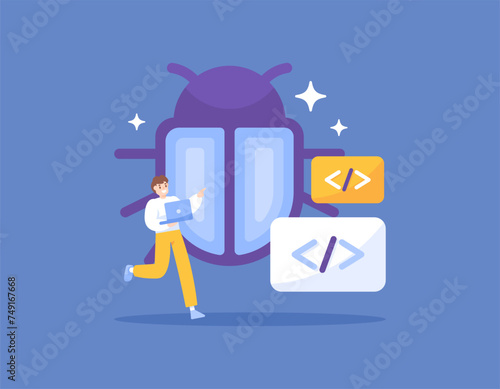bug hunter or bug bounty concept. a software tester carries out tests and looks for bugs in a program. analysis and search for gaps in the system. illustration concept design. graphic elements. vector