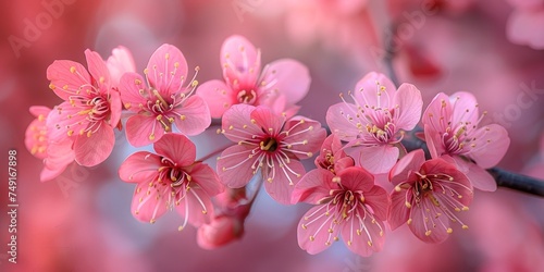 Close-up shot of pink Sakura flowers on a branch.