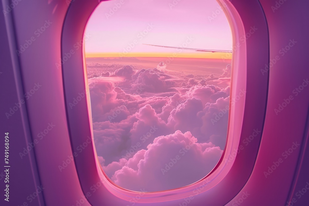 The window of an airplane shows a view of the sky with fluffy clouds floating by, creating a serene and peaceful scene high above the ground.