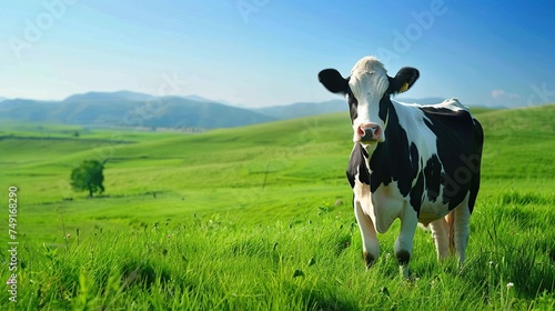 a cow looking for food in a wide green field