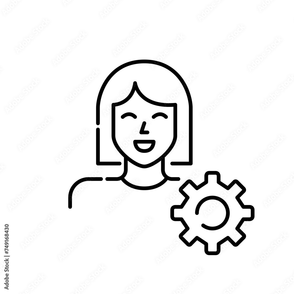 Female avatar and cogwheel. Efficient and precisely targeted customization. Pixel perfect, editable stroke vector Female avatar and cogwheel. Efficient and precisely targeted customization. Pixel perfect, editable stroke vector