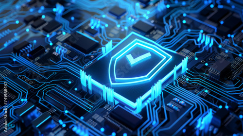 vibrant digital shield symbol on a circuit board, illustrating the concept of cybersecurity and data protection.