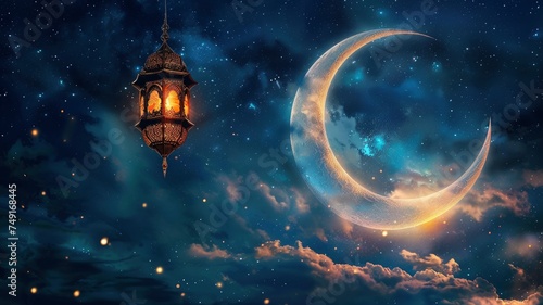 Islamic greeting Eid Mubarak cards for Muslim Holidays.Eid-Ul-Adha festival celebration . Ramadan Kareem background.Crescent Moon and Lantern Lightning in sky, copy Space - generative ai © Nia™