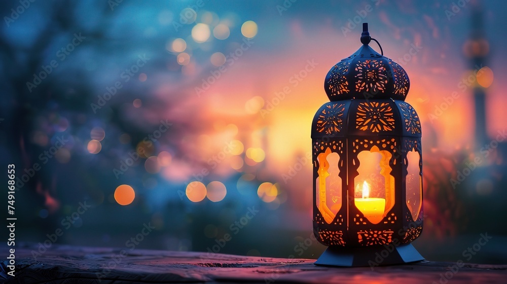 Ornamental Arabic lantern with burning candle glowing . Festive greeting card, invitation for Muslim holy month Ramadan Kareem. Ramadan Kareem greeting photo with serene mosque background - obrazy, fototapety, plakaty 
