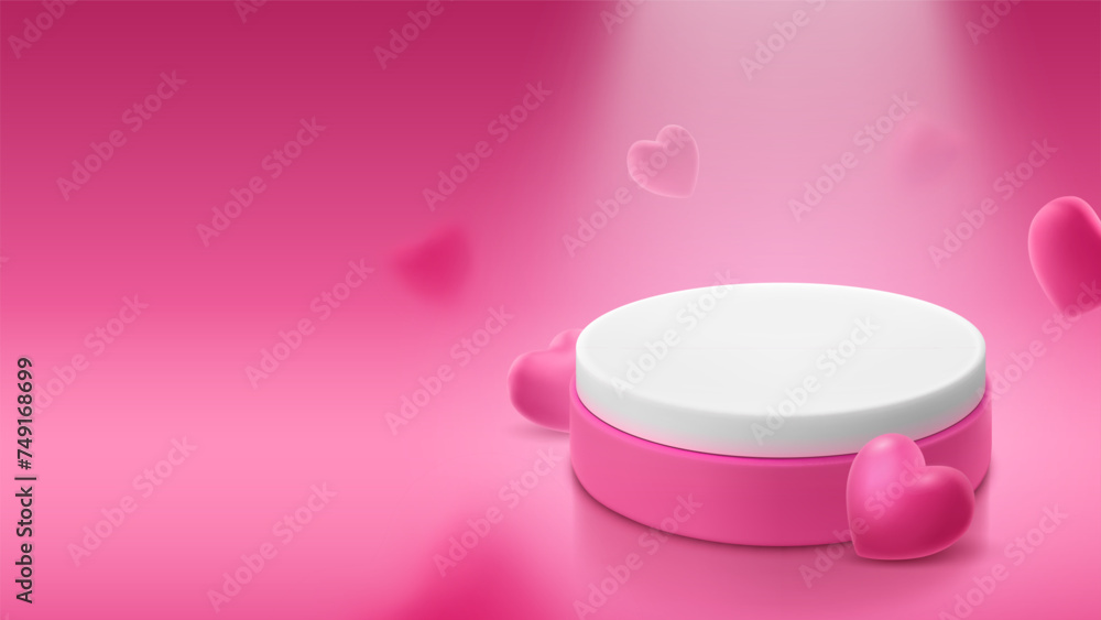 White blank pedestal with a cylindrical shape on a pink background. Banner template for demonstrating an item or product. Realistic vector illustration in romantic style with copy space White blank pedestal with a cylindrical shape on a pink background. Banner template for demonstrating an item or product. Realistic vector illustration in romantic style with copy space