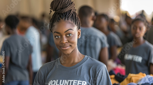 young woman wearing a t-shirt with the word "VOLUNTEER" printed on it, smiling at the camera with other volunteers in the background