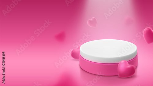 White blank pedestal with a cylindrical shape on a pink background. Banner template for demonstrating an item or product. Realistic vector illustration in romantic style with copy space
