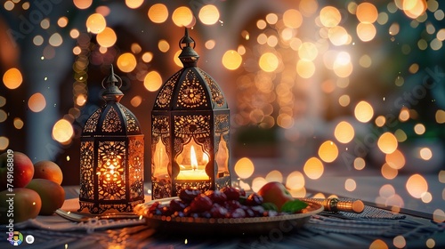 Ornamental Arabic lanterns with burning candles. Glittering golden bokeh lights. Plate with date fruit on the table. Greeting card for Muslim holiday Ramadan Kareem © CLOVER BACKGROUND