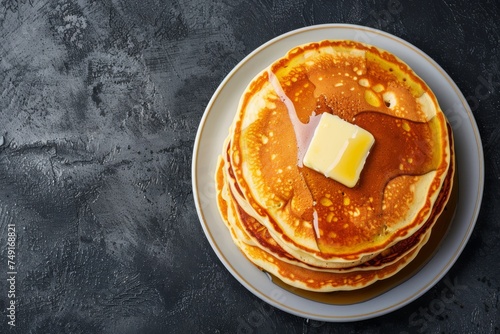 Top view of stack of pancakes with butter and syrup on a plate with copy space